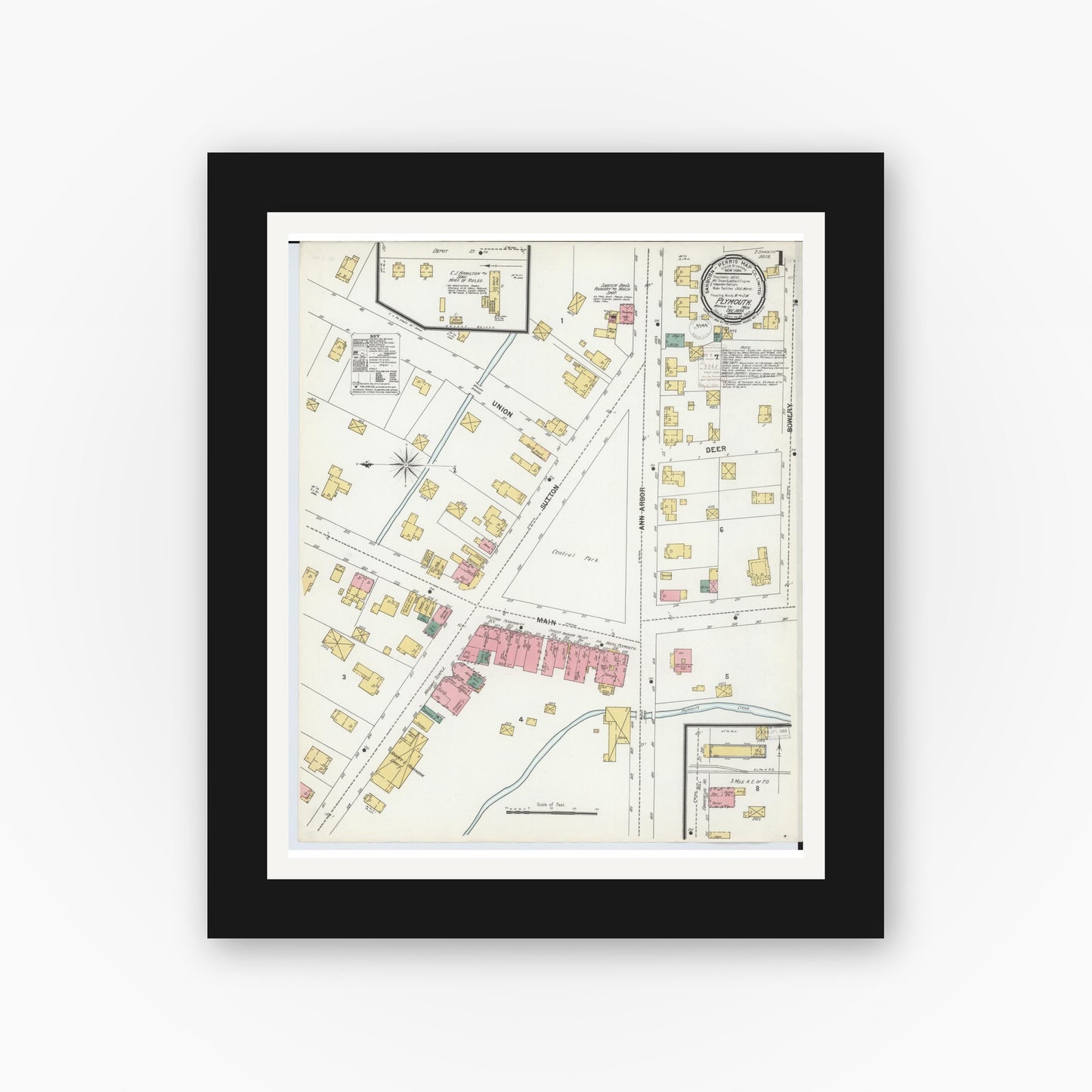 Old map wall art mockup — black gallery frame with white mat — Sanborn Fire Insurance Map from Plymouth, Wayne County, Michigan (1899) - Complete Map Set