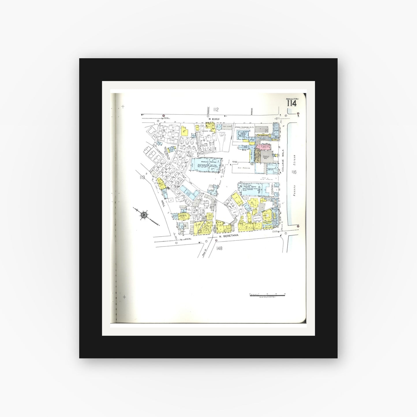 Old map wall art mockup — black gallery frame with white mat — Sanborn Fire Insurance Map from Honolulu, Oahu County, Hawaii (1955), Sheet #0114