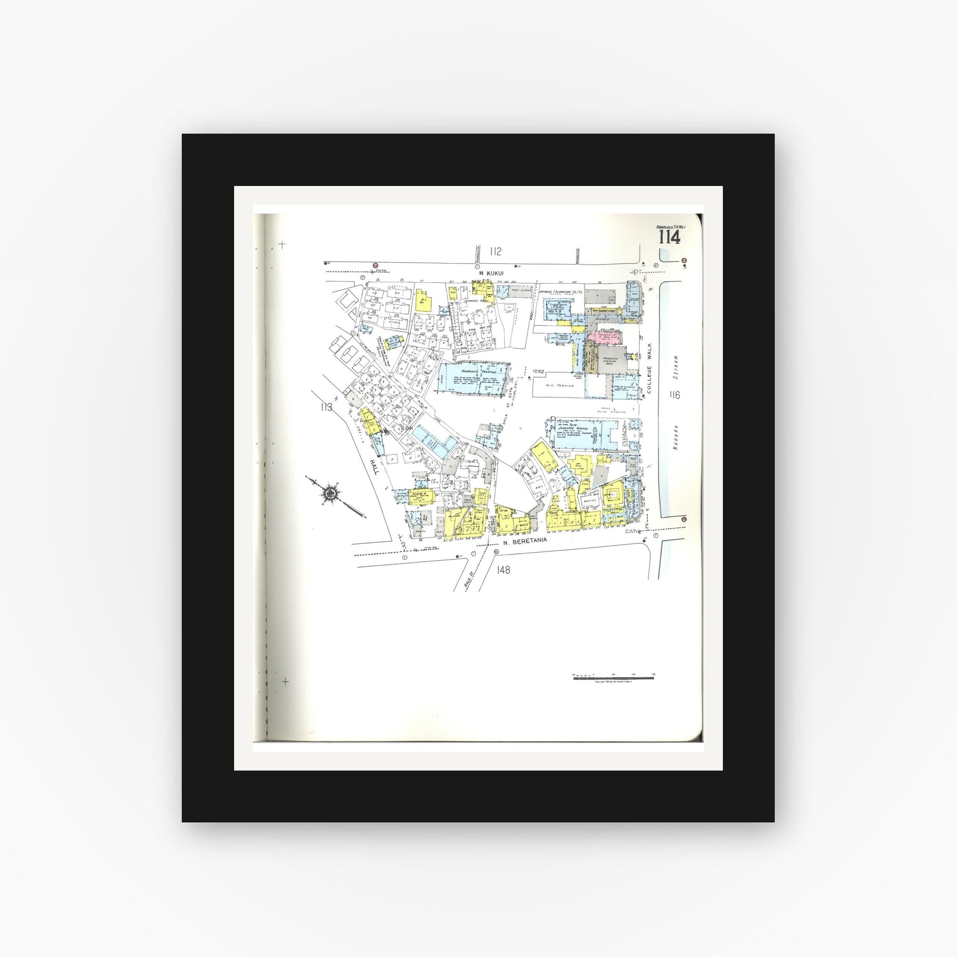 Old map wall art mockup — black gallery frame with white mat — Sanborn Fire Insurance Map from Honolulu, Oahu County, Hawaii (1955), Sheet #0114