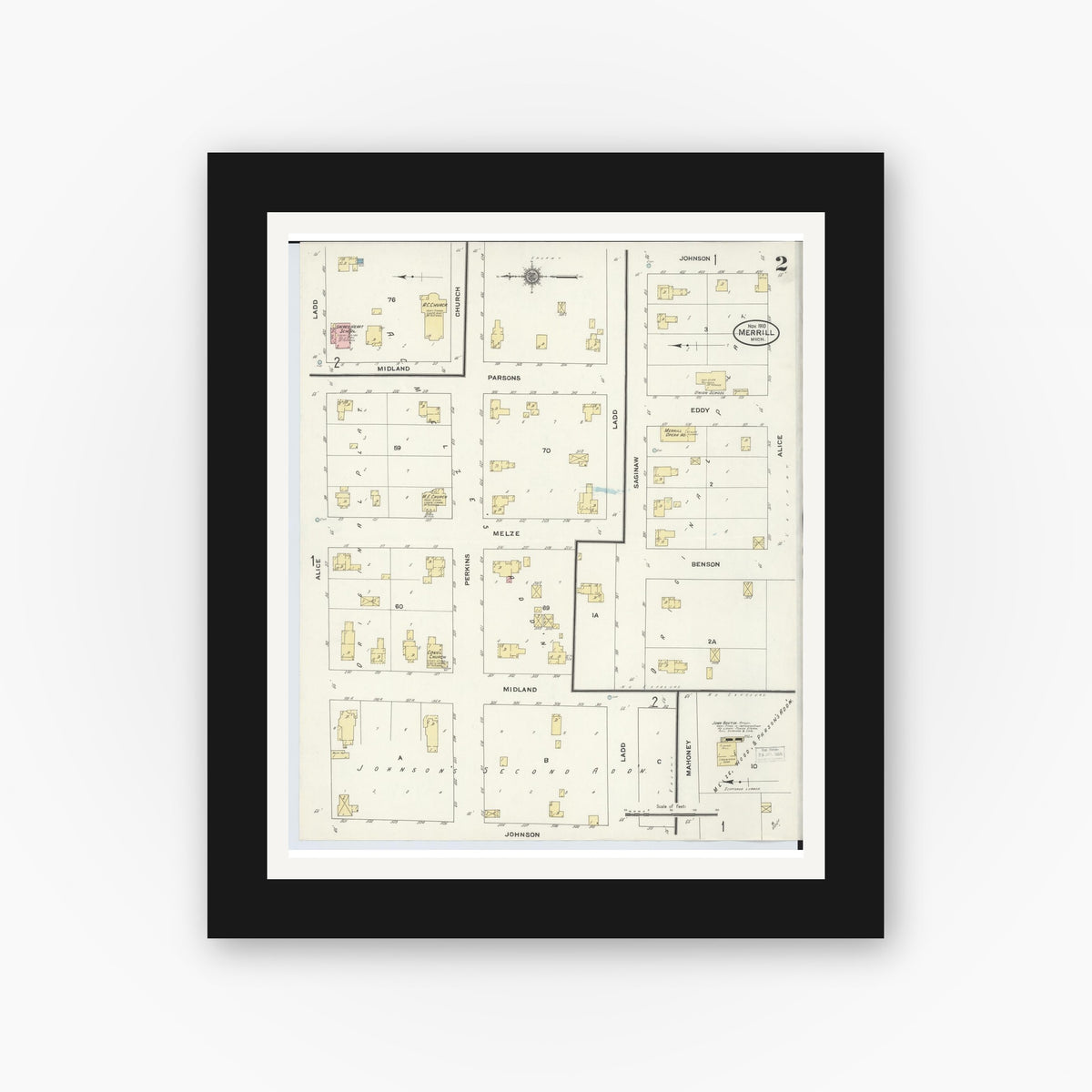 Old map wall art mockup — black gallery frame with white mat — Sanborn Fire Insurance Map from Merrill, Saginaw County, Michigan (1910), Sheet #0002