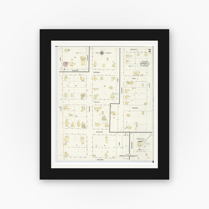 Old map wall art mockup — black gallery frame with white mat — Sanborn Fire Insurance Map from Merrill, Saginaw County, Michigan (1910), Sheet #0002