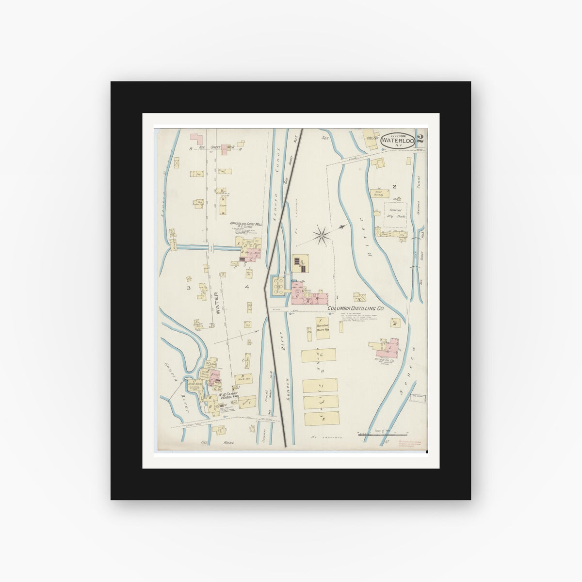 Old map wall art mockup — black gallery frame with white mat — Sanborn Fire Insurance Map from Waterloo, Seneca County, New York (1886), Sheet #0002