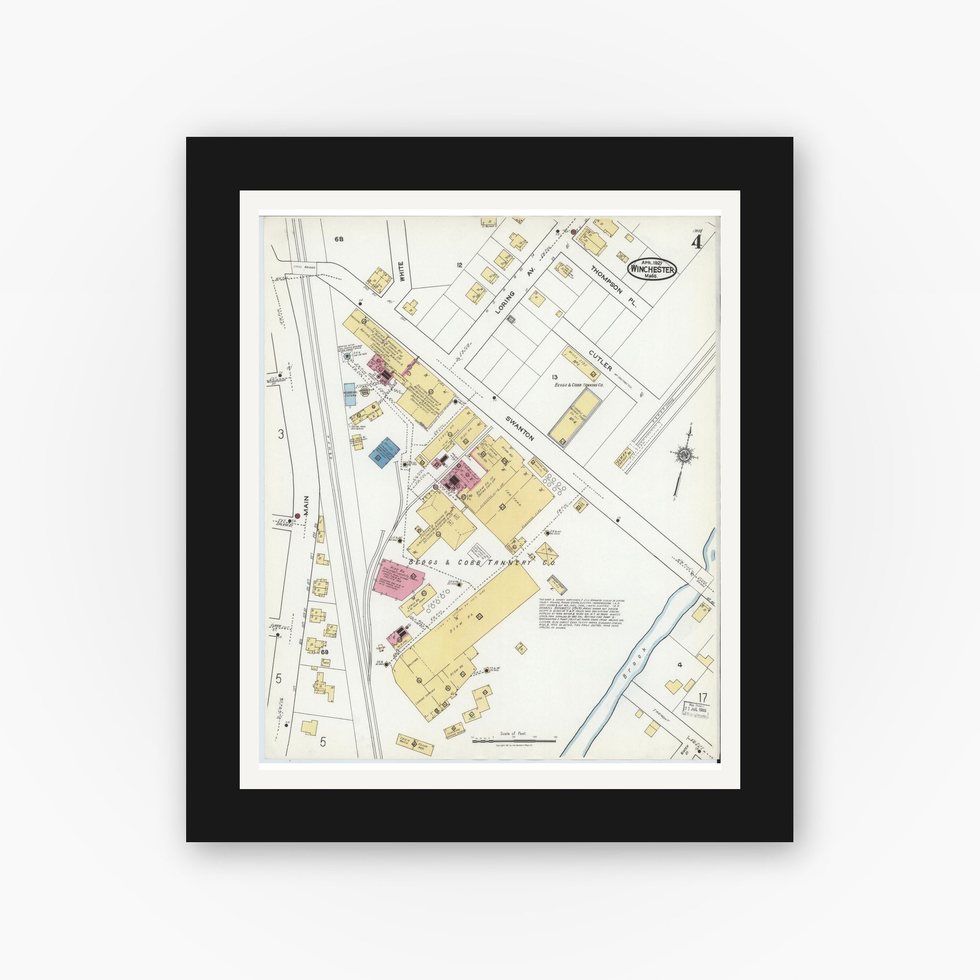 Old map wall art mockup — black gallery frame with white mat — Sanborn Fire Insurance Map from Winchester, Middlesex County, Massachusetts (1921), Sheet #0004