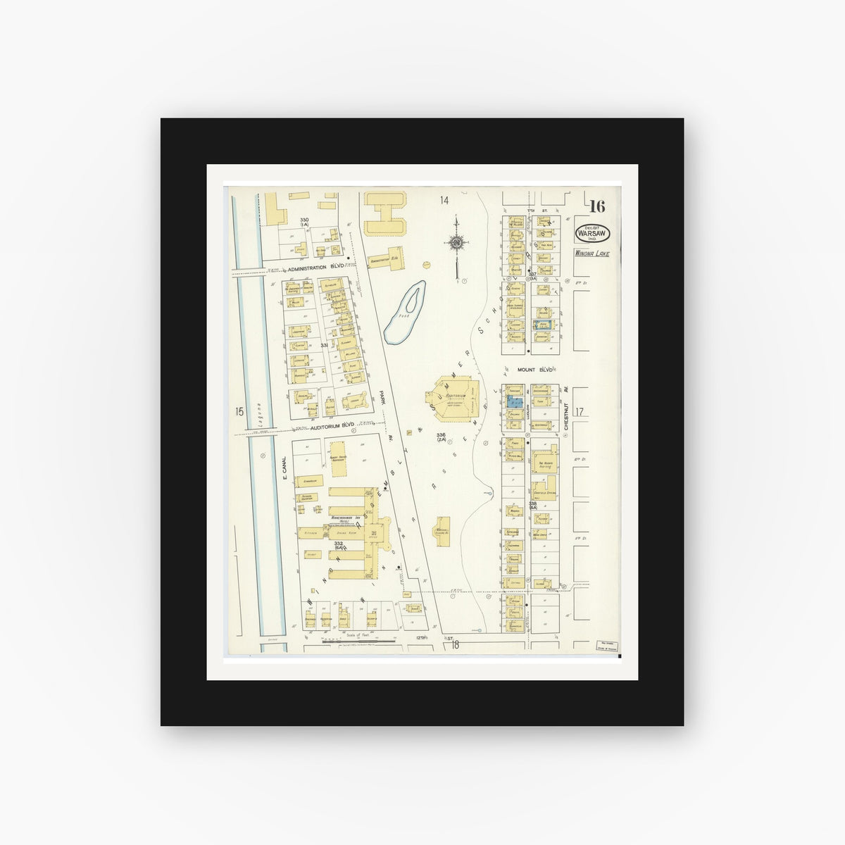 Old map wall art mockup — black gallery frame with white mat — Sanborn Fire Insurance Map from Warsaw, Kosciusko County, Indiana (1917), Sheet #0016