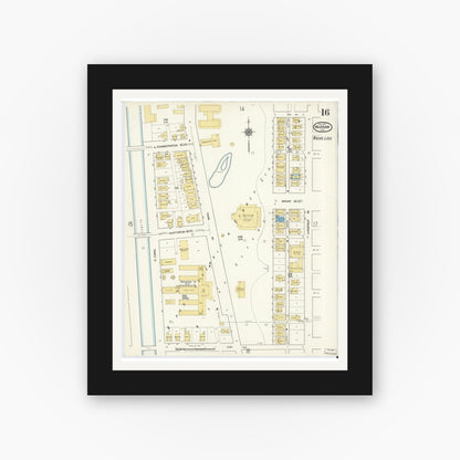 Old map wall art mockup — black gallery frame with white mat — Sanborn Fire Insurance Map from Warsaw, Kosciusko County, Indiana (1917), Sheet #0016