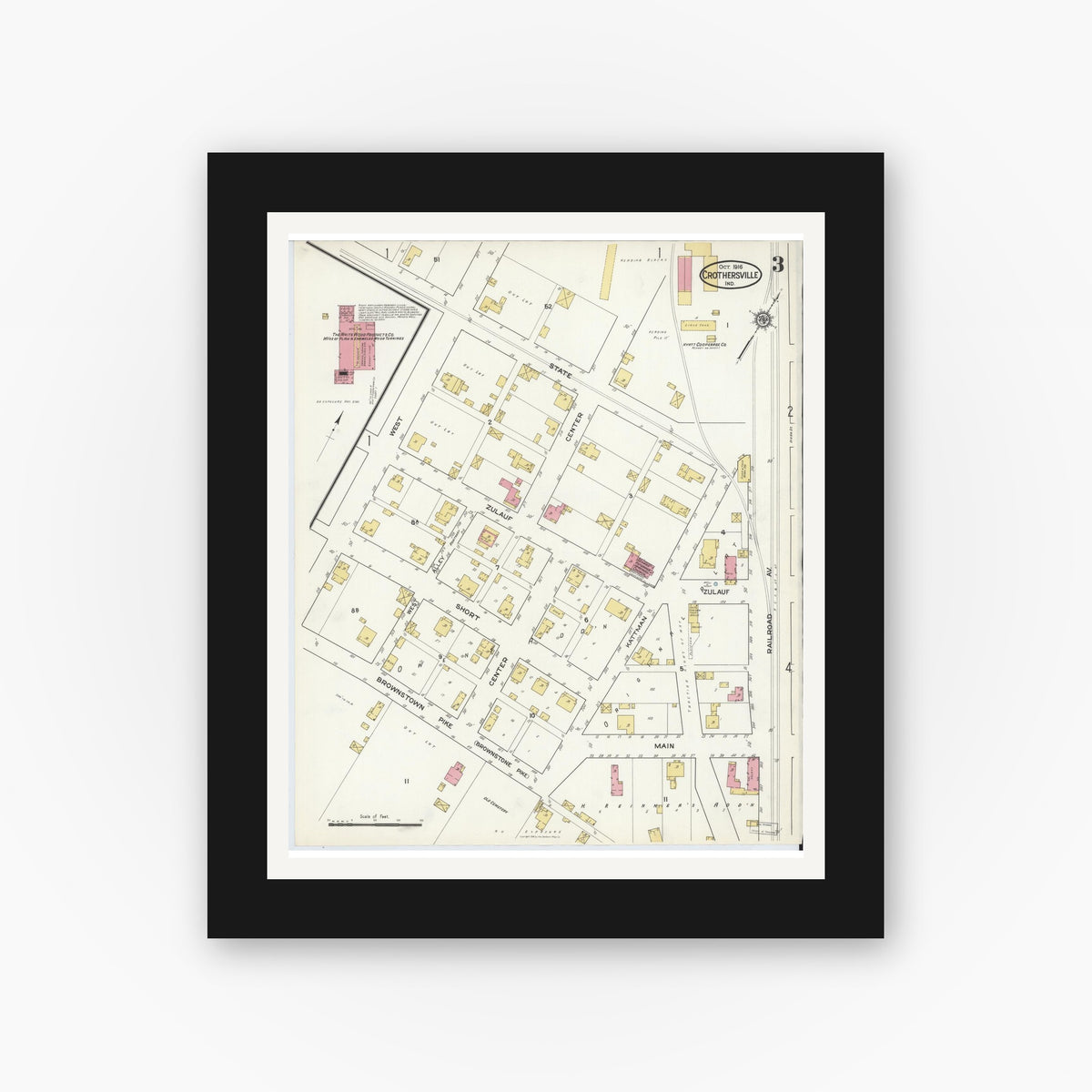 Old map wall art mockup — black gallery frame with white mat — Sanborn Fire Insurance Map from Crothersville, Jackson County, Indiana (1916), Sheet #0003
