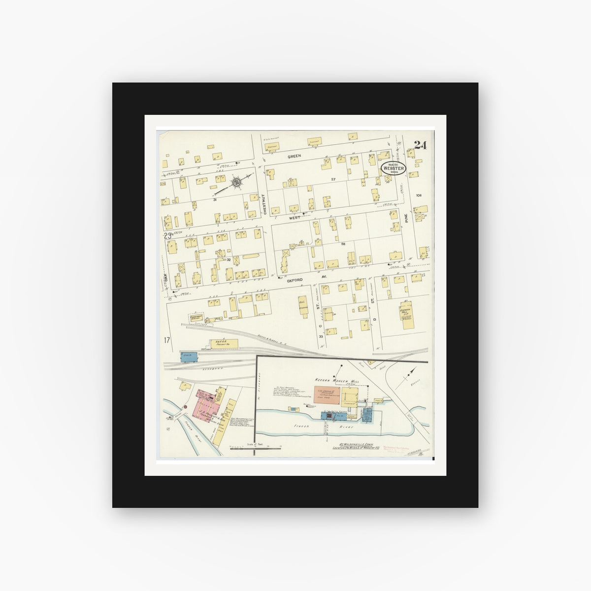 Old map wall art mockup — black gallery frame with white mat — Sanborn Fire Insurance Map from Webster, Worcester County, Massachusetts (1911), Sheet #0024
