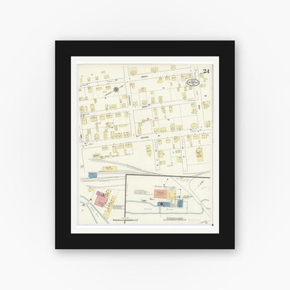 Old map wall art mockup — black gallery frame with white mat — Sanborn Fire Insurance Map from Webster, Worcester County, Massachusetts (1911), Sheet #0024
