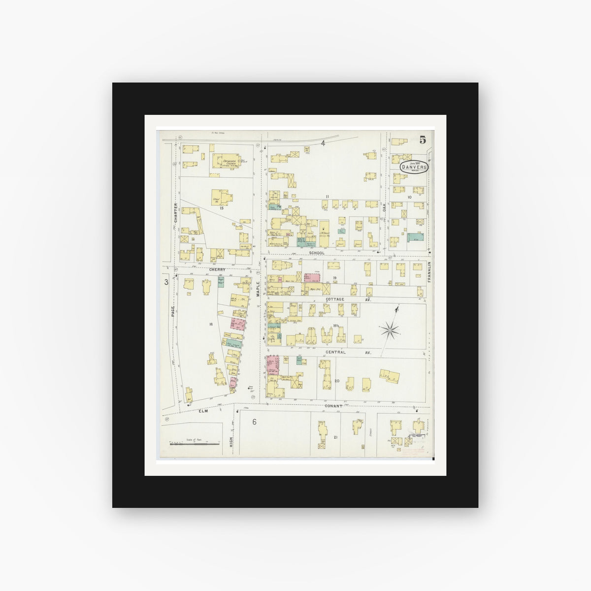 Old map wall art mockup — black gallery frame with white mat — Sanborn Fire Insurance Map from Danvers, Essex County, Massachusetts (1897), Sheet #0005