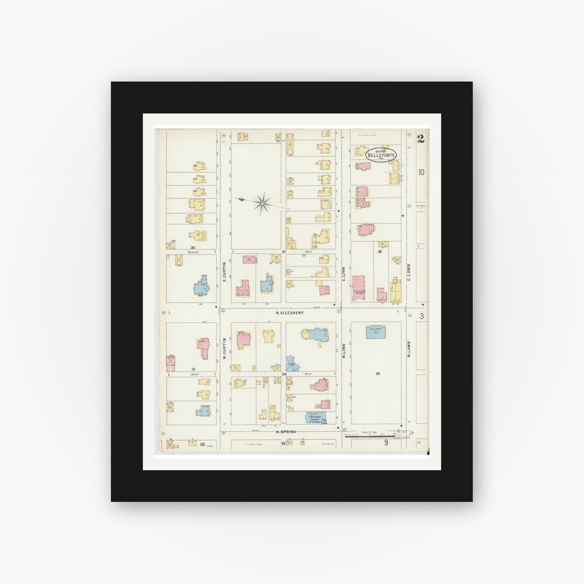 Old map wall art mockup — black gallery frame with white mat — Sanborn Fire Insurance Map from Bellefonte, Centre County, Pennsylvania (1897), Sheet #0002
