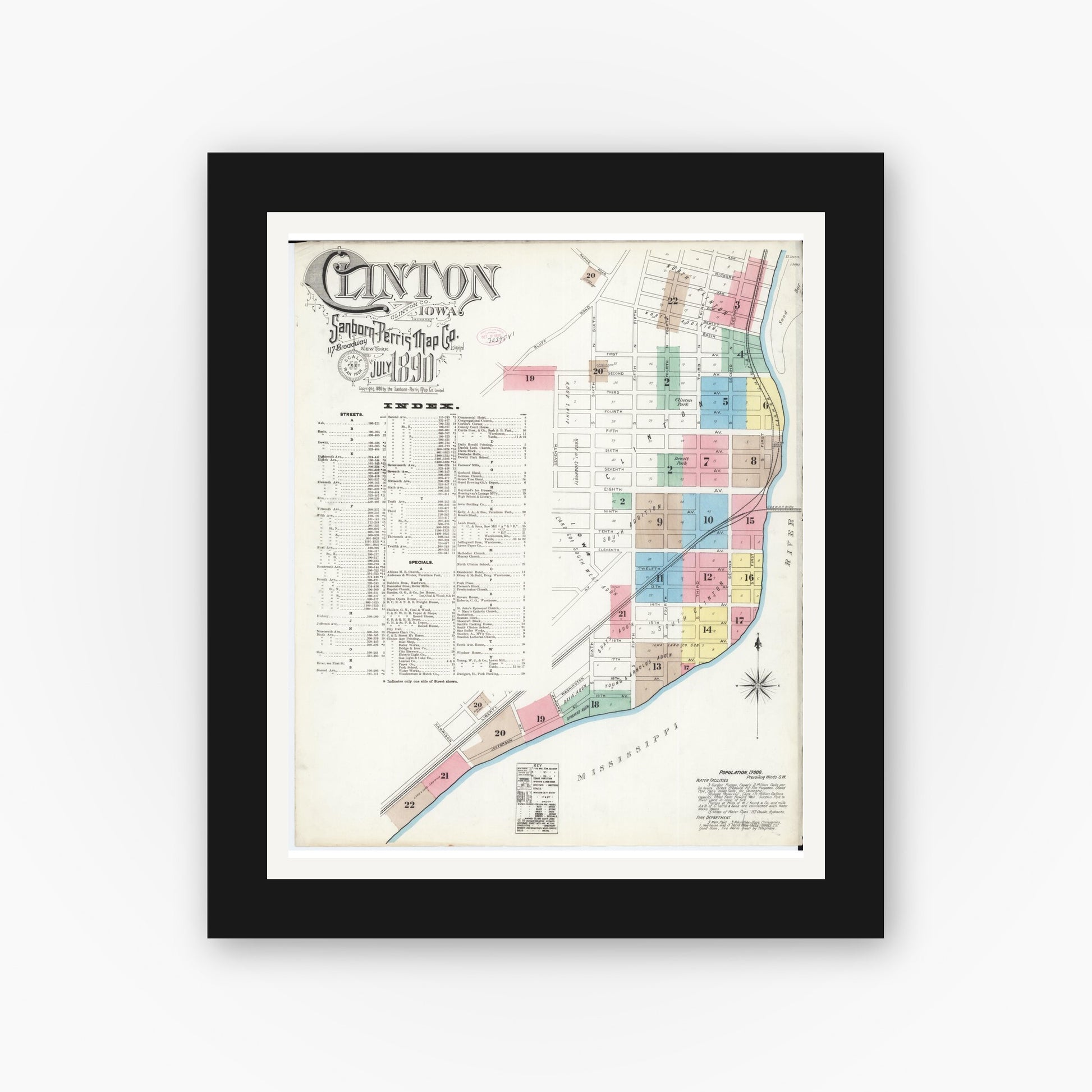 Old map wall art mockup — black gallery frame with white mat — Sanborn Fire Insurance Map from Clinton, Clinton County, Iowa (1890) â€” Complete Set