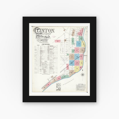 Old map wall art mockup — black gallery frame with white mat — Sanborn Fire Insurance Map from Clinton, Clinton County, Iowa (1890) â€” Complete Set