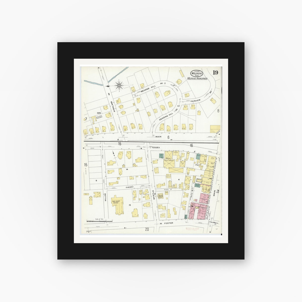 Old map wall art mockup — black gallery frame with white mat — Sanborn Fire Insurance Map from Melrose, Middlesex County, Massachusetts (1909), Sheet #0019