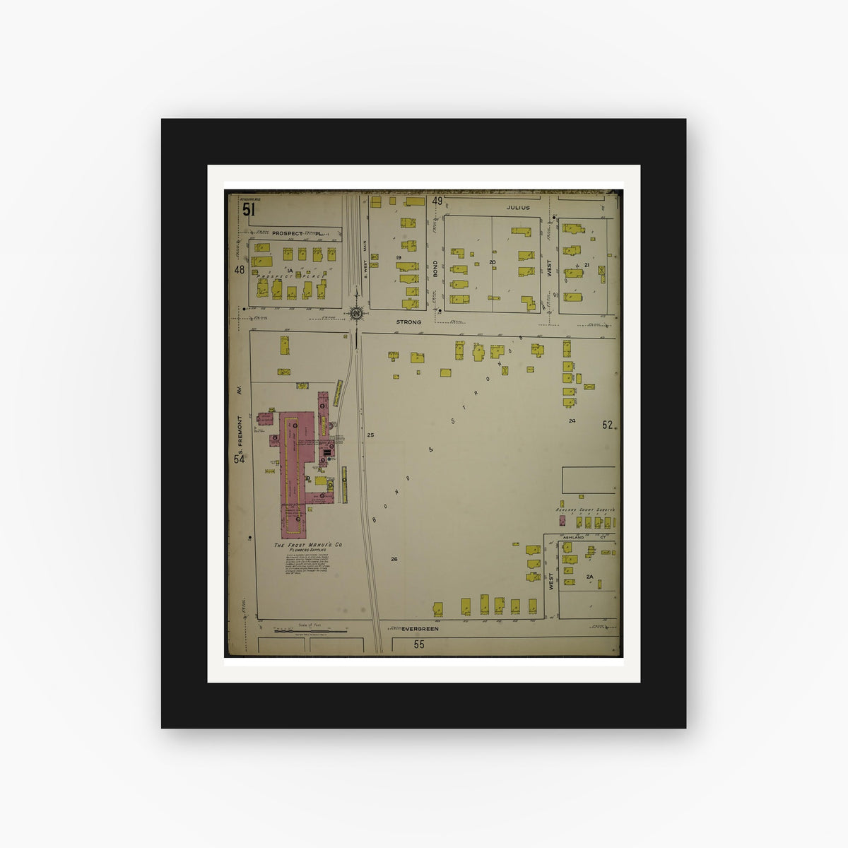 Old map wall art mockup — black gallery frame with white mat — Sanborn Fire Insurance Map from Kenosha, Kenosha County, Wisconsin. (1918), Sheet 55