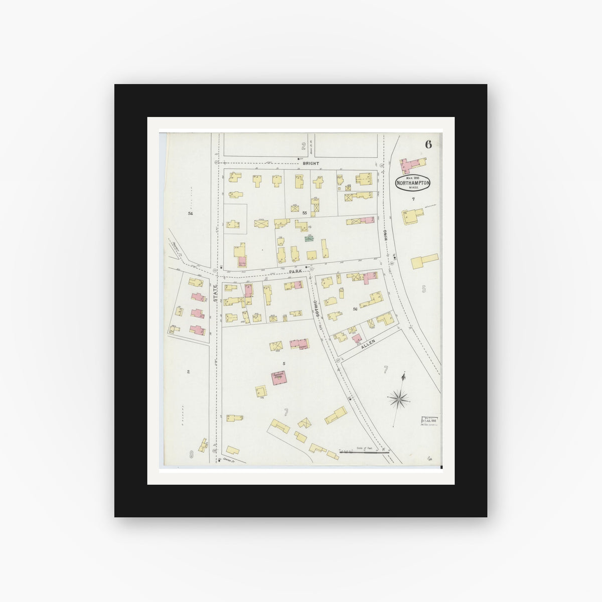 Old map wall art mockup — black gallery frame with white mat — Sanborn Fire Insurance Map from Northampton, Hampshire County, Massachusetts (1895), Sheet #0006