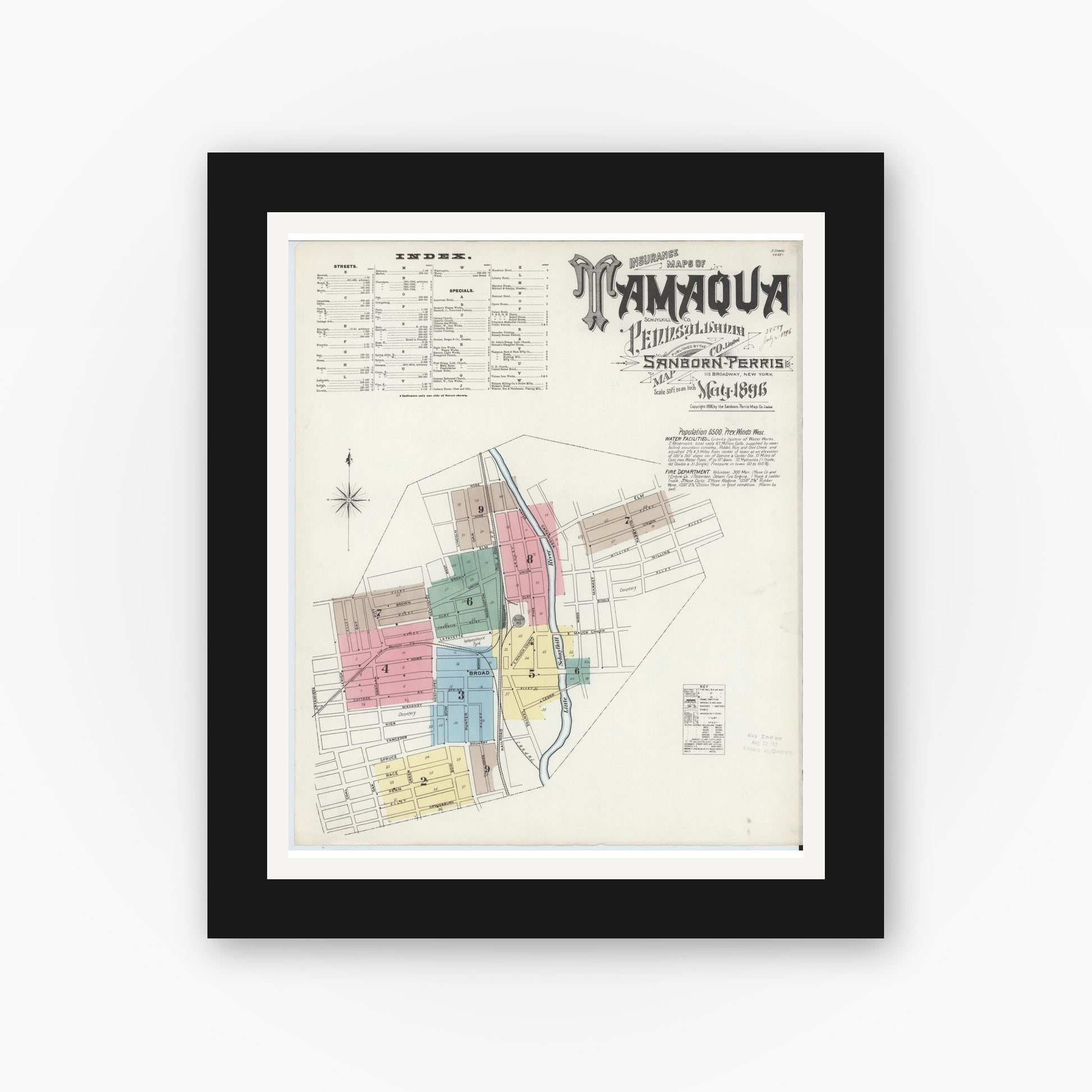 Old map wall art mockup — black gallery frame with white mat — Sanborn Fire Insurance Map from Tamaqua, Schuylkill County, Pennsylvania (1896) - Complete Map Set