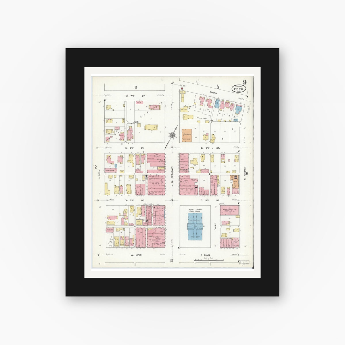 Old map wall art mockup — black gallery frame with white mat — Sanborn Fire Insurance Map from Peru, Miami County, Indiana (1912), Sheet #0009