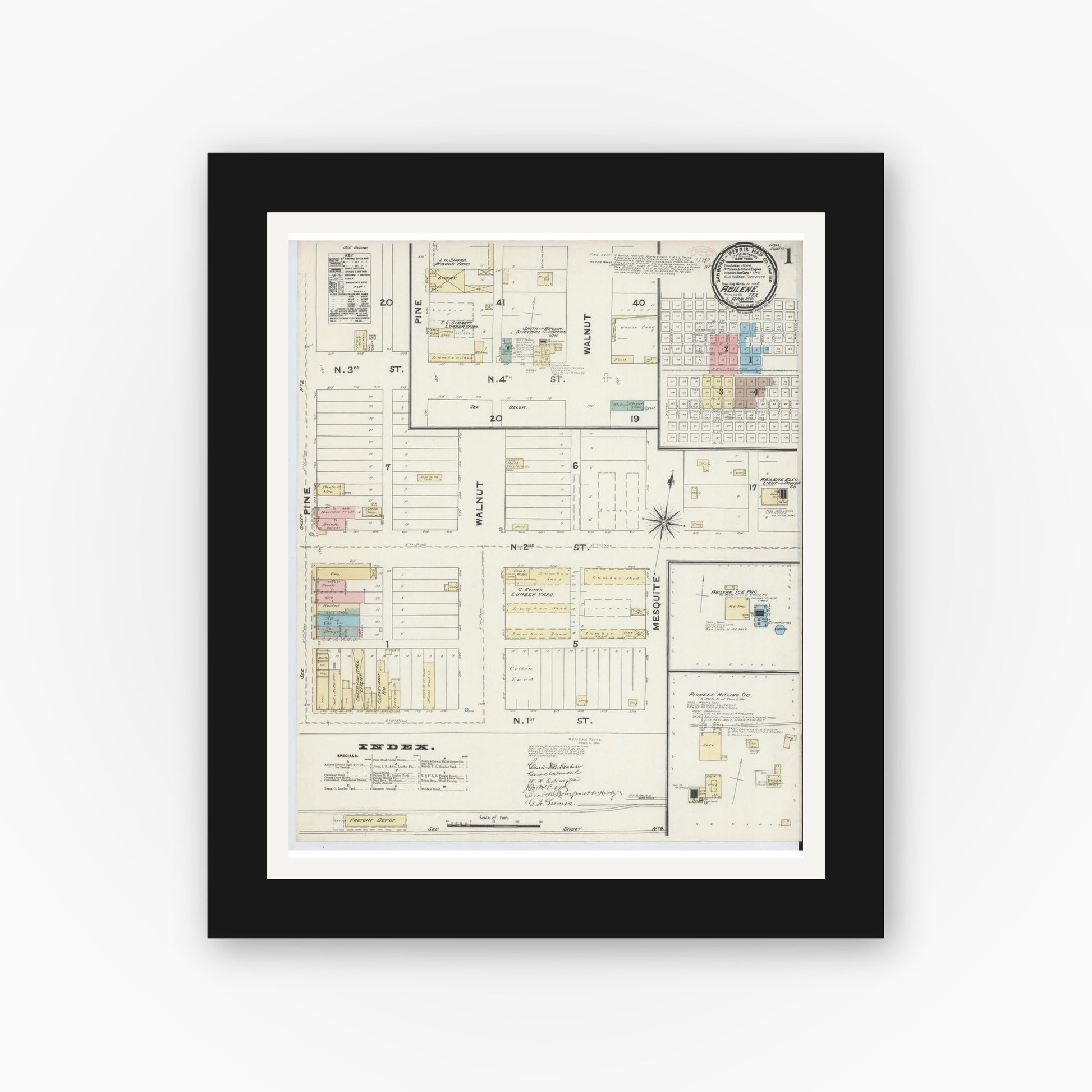 Old map wall art mockup — black gallery frame with white mat — Sanborn Fire Insurance Map from Abilene, Taylor County, Texas (1891), Sheet #0001