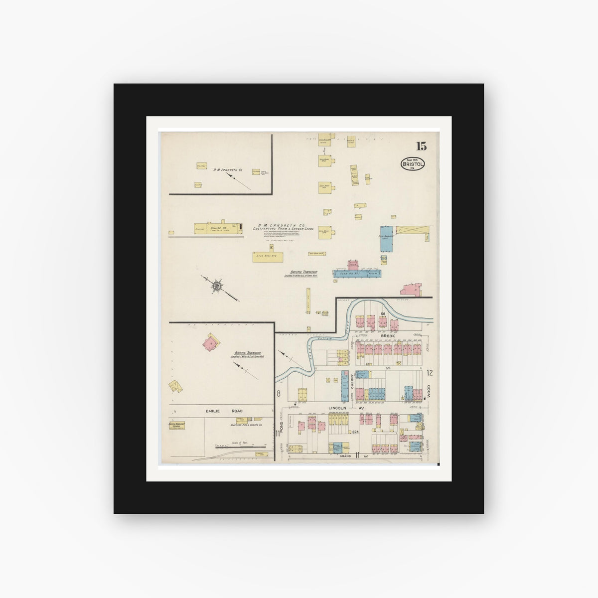 Old map wall art mockup — black gallery frame with white mat — Sanborn Fire Insurance Map from Bristol, Bucks County, Pennsylvania (1915), Sheet #0015