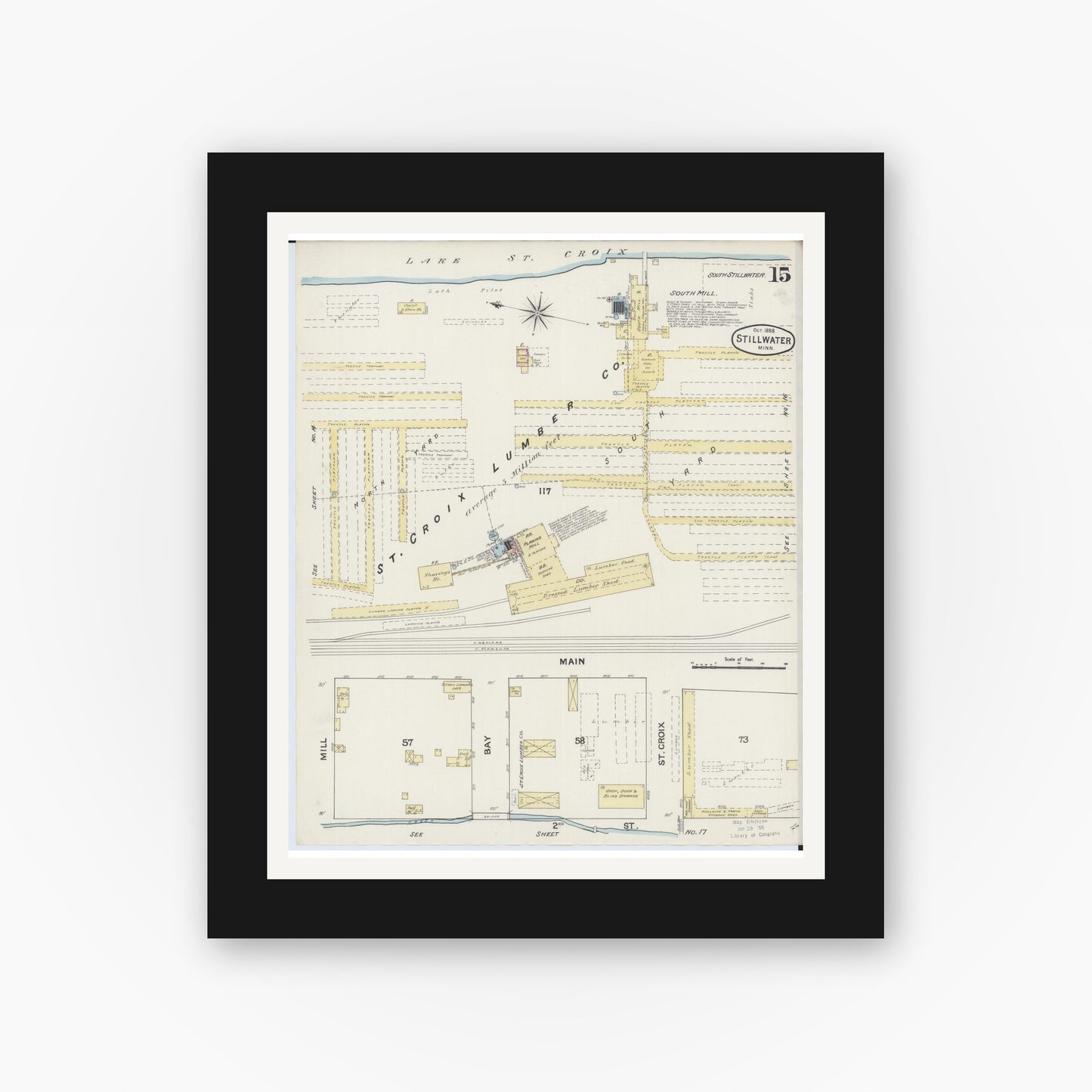 Old map wall art mockup — black gallery frame with white mat — Sanborn Fire Insurance Map from Stillwater, Washington County, Minnesota (1888), Sheet #0015