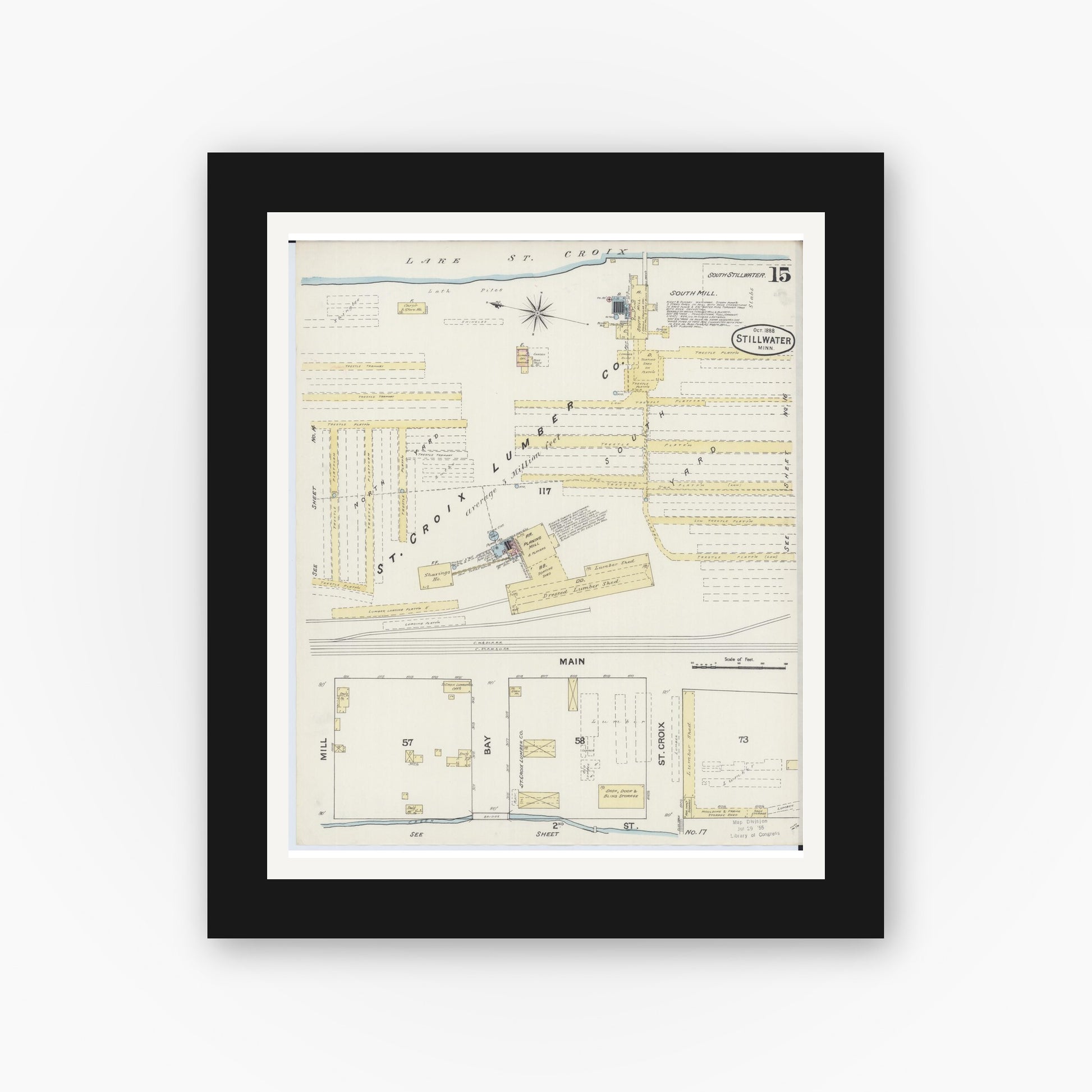 Old map wall art mockup — black gallery frame with white mat — Sanborn Fire Insurance Map from Stillwater, Washington County, Minnesota (1888), Sheet #0015