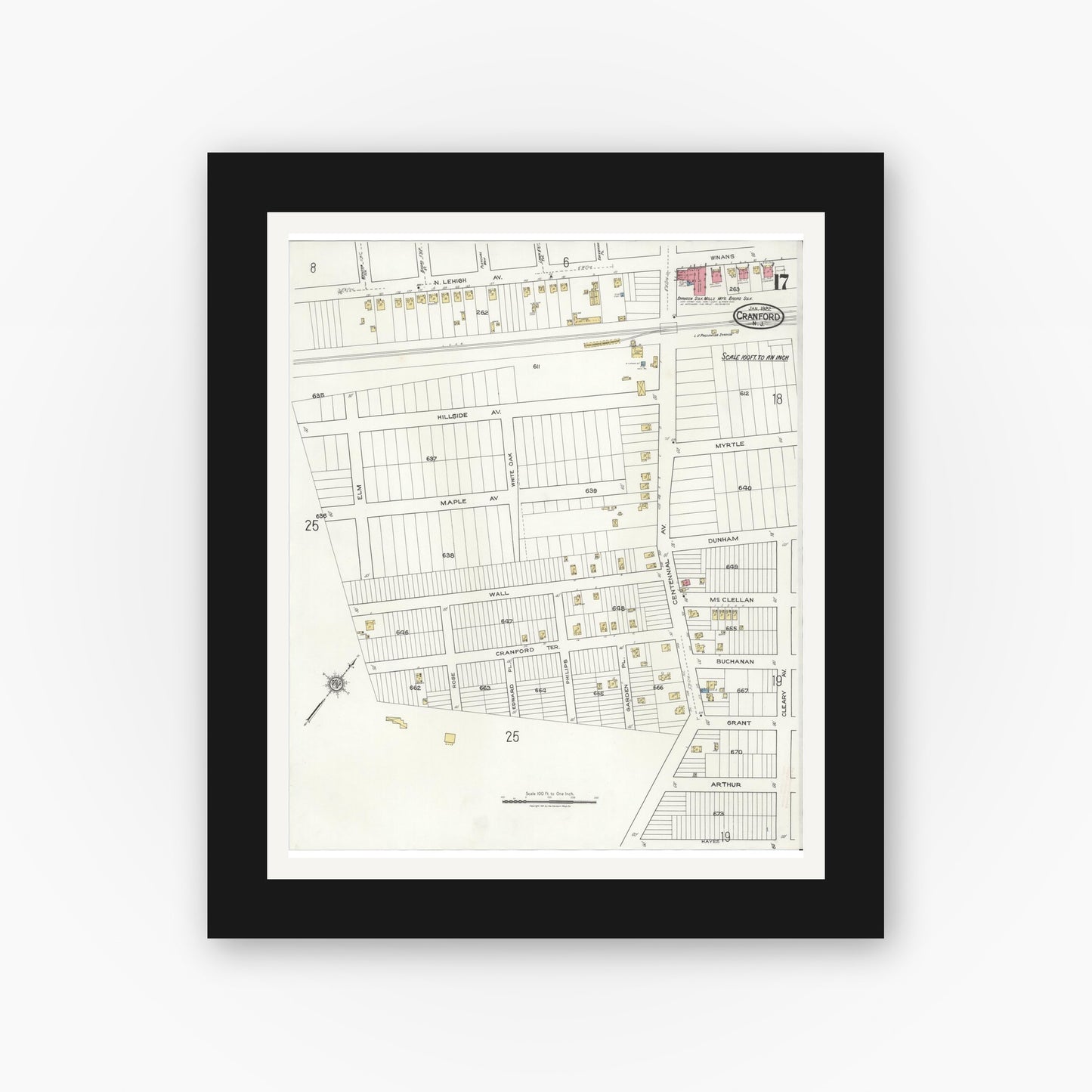 Old map wall art mockup — black gallery frame with white mat — Sanborn Fire Insurance Map from Cranford, Union County, New Jersey (1922), Sheet #0017