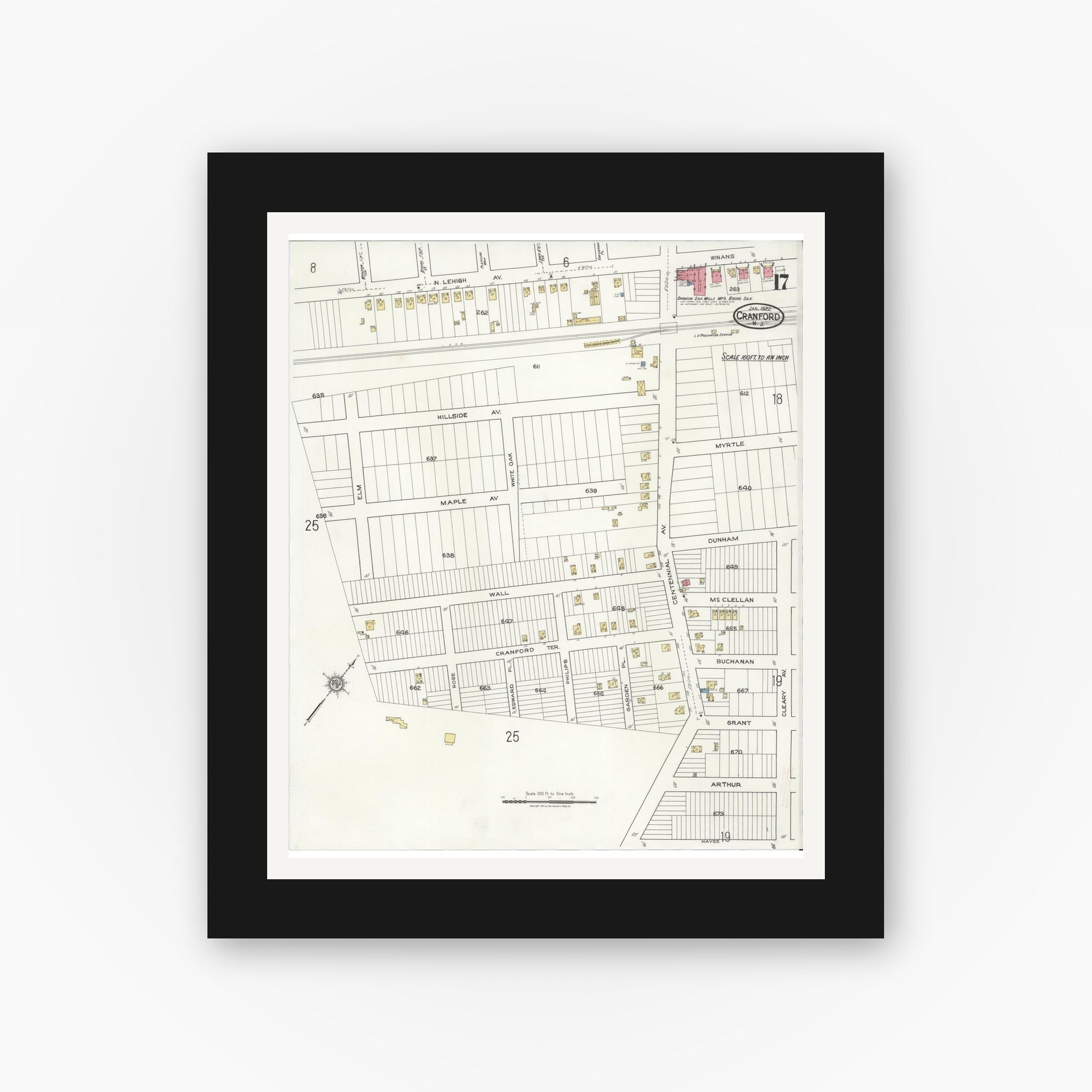 Old map wall art mockup — black gallery frame with white mat — Sanborn Fire Insurance Map from Cranford, Union County, New Jersey (1922), Sheet #0017