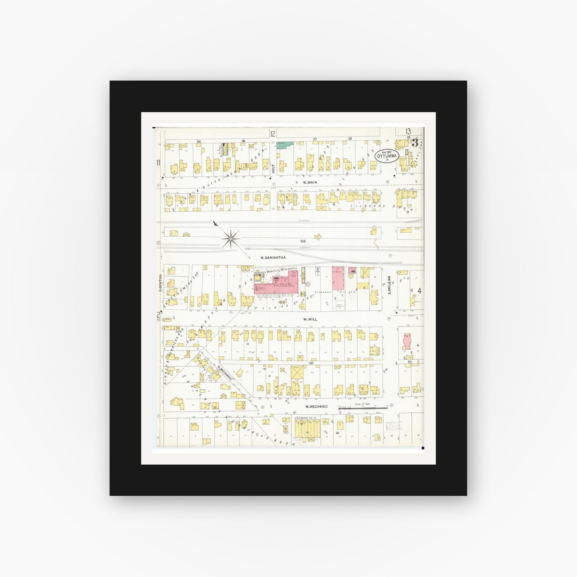 Old map wall art mockup — black gallery frame with white mat — Sanborn Fire Insurance Map from Ottumwa, Wapello County, Iowa (1902), Sheet #0003