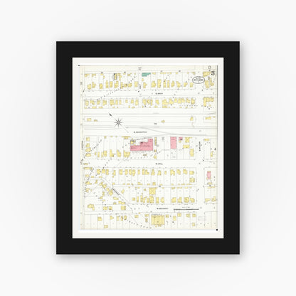 Old map wall art mockup — black gallery frame with white mat — Sanborn Fire Insurance Map from Ottumwa, Wapello County, Iowa (1902), Sheet #0003