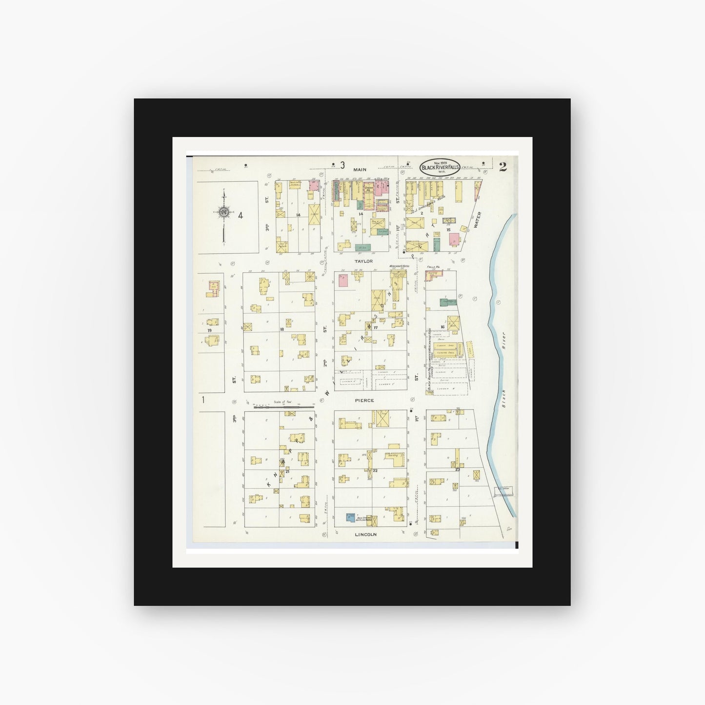 Old map wall art mockup — black gallery frame with white mat — Sanborn Fire Insurance Map from Black River Falls, Jackson County, Wisconsin (1909), Sheet #0002