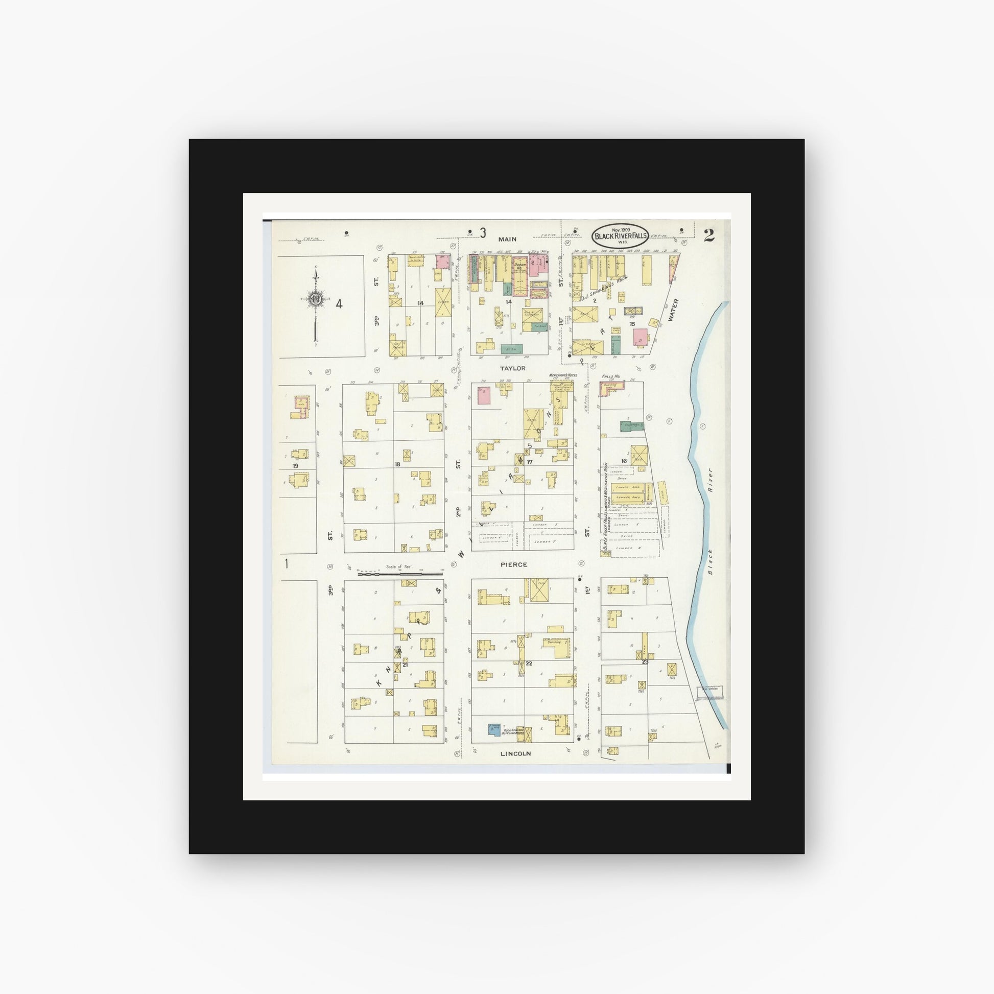 Old map wall art mockup — black gallery frame with white mat — Sanborn Fire Insurance Map from Black River Falls, Jackson County, Wisconsin (1909), Sheet #0002