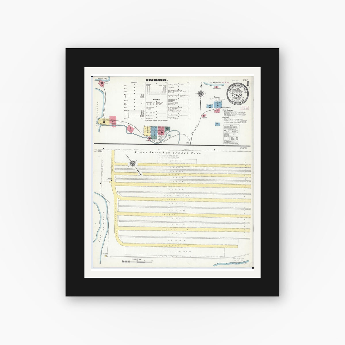 Old map wall art mockup — black gallery frame with white mat — Sanborn Fire Insurance Map from Tower, Saint Louis County, Minnesota (1909), Sheet #0001