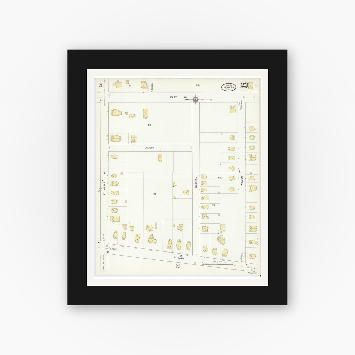 Old map wall art mockup — black gallery frame with white mat — Sanborn Fire Insurance Map from Newark, Wayne County, New York (1912), Sheet #0023