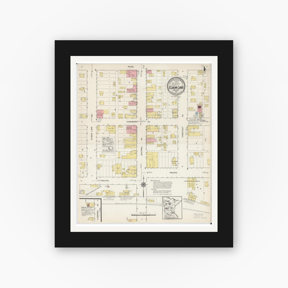Old map wall art mockup — black gallery frame with white mat — Sanborn Fire Insurance Map from Elbow Lake, Grant County, Minnesota (1915) - Complete Map Set