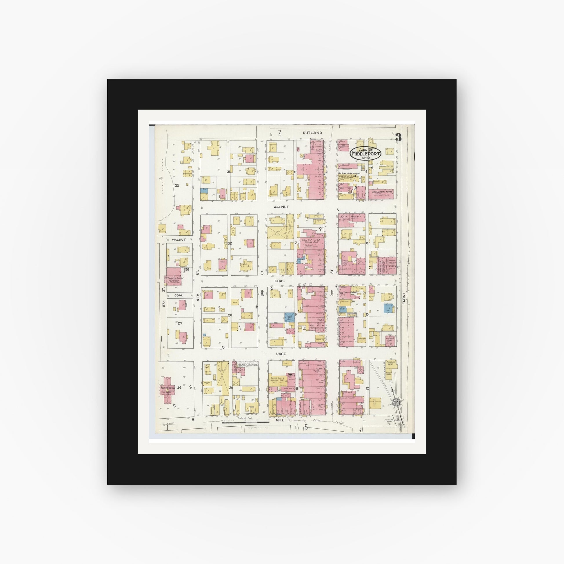 Old map wall art mockup — black gallery frame with white mat — Sanborn Fire Insurance Map from Middleport, Meigs County, Ohio (1916), Sheet #0003