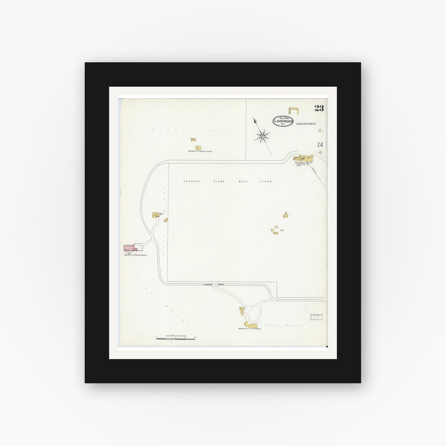 Old map wall art mockup — black gallery frame with white mat — Sanborn Fire Insurance Map from Lakewood, Ocean County, New Jersey (1909), Sheet #0023