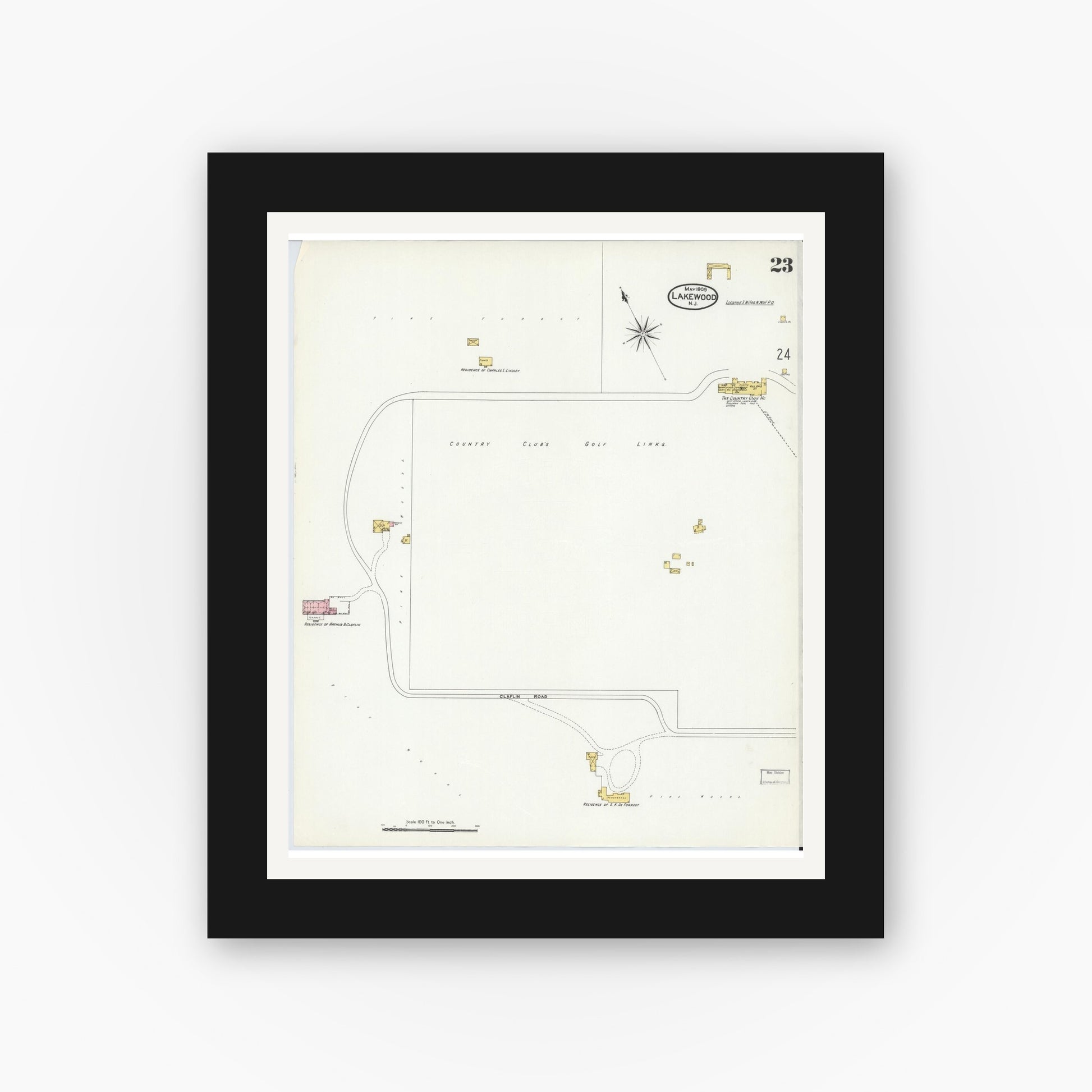 Old map wall art mockup — black gallery frame with white mat — Sanborn Fire Insurance Map from Lakewood, Ocean County, New Jersey (1909), Sheet #0023