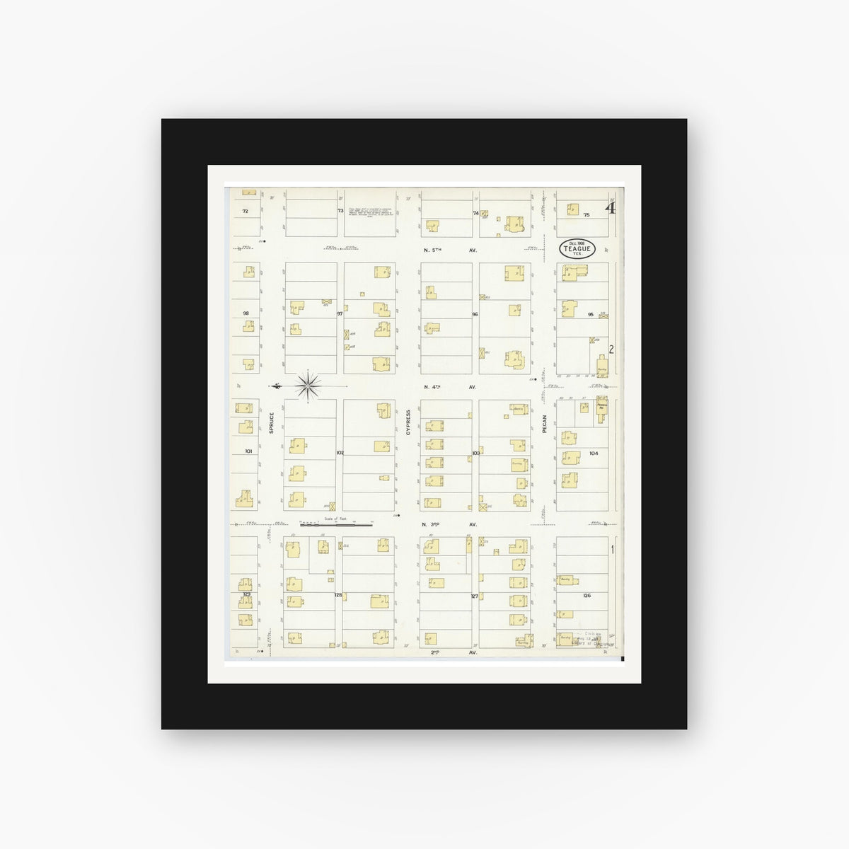 Old map wall art mockup — black gallery frame with white mat — Sanborn Fire Insurance Map from Teague, Freestone County, Texas (1908), Sheet #0004