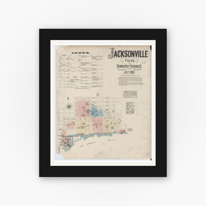 Old map wall art mockup — black gallery frame with white mat — Sanborn Fire Insurance Map from Jacksonville, Duval County, Florida (1884) - Complete Map Set