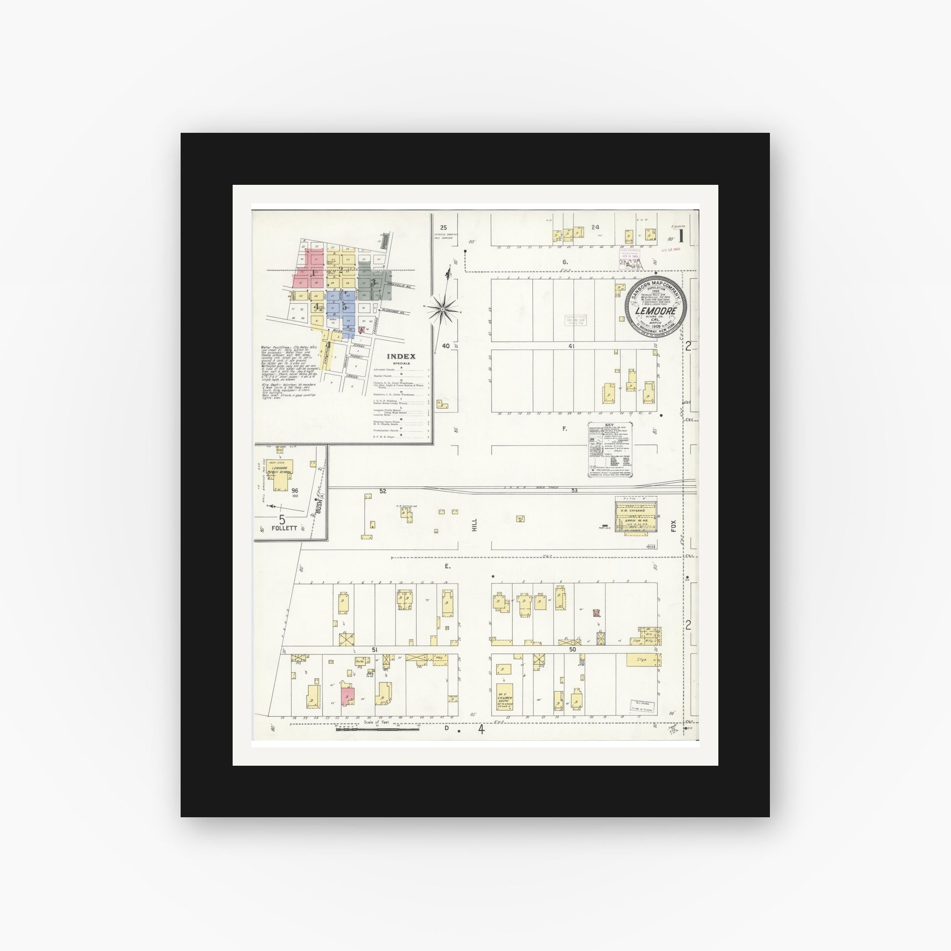 Old map wall art mockup — black gallery frame with white mat — Sanborn Fire Insurance Map from Lemoore, Kings County, California (1909) - Complete Map Set