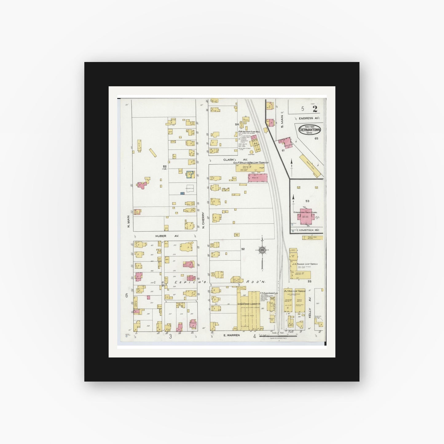 Old map wall art mockup — black gallery frame with white mat — Sanborn Fire Insurance Map from Germantown, Montgomery County, Ohio (1921), Sheet #0002
