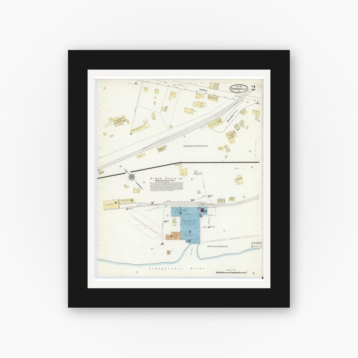 Old map wall art mockup — black gallery frame with white mat — Sanborn Fire Insurance Map from Harrisville, Lewis County, New York (1912), Sheet #0002