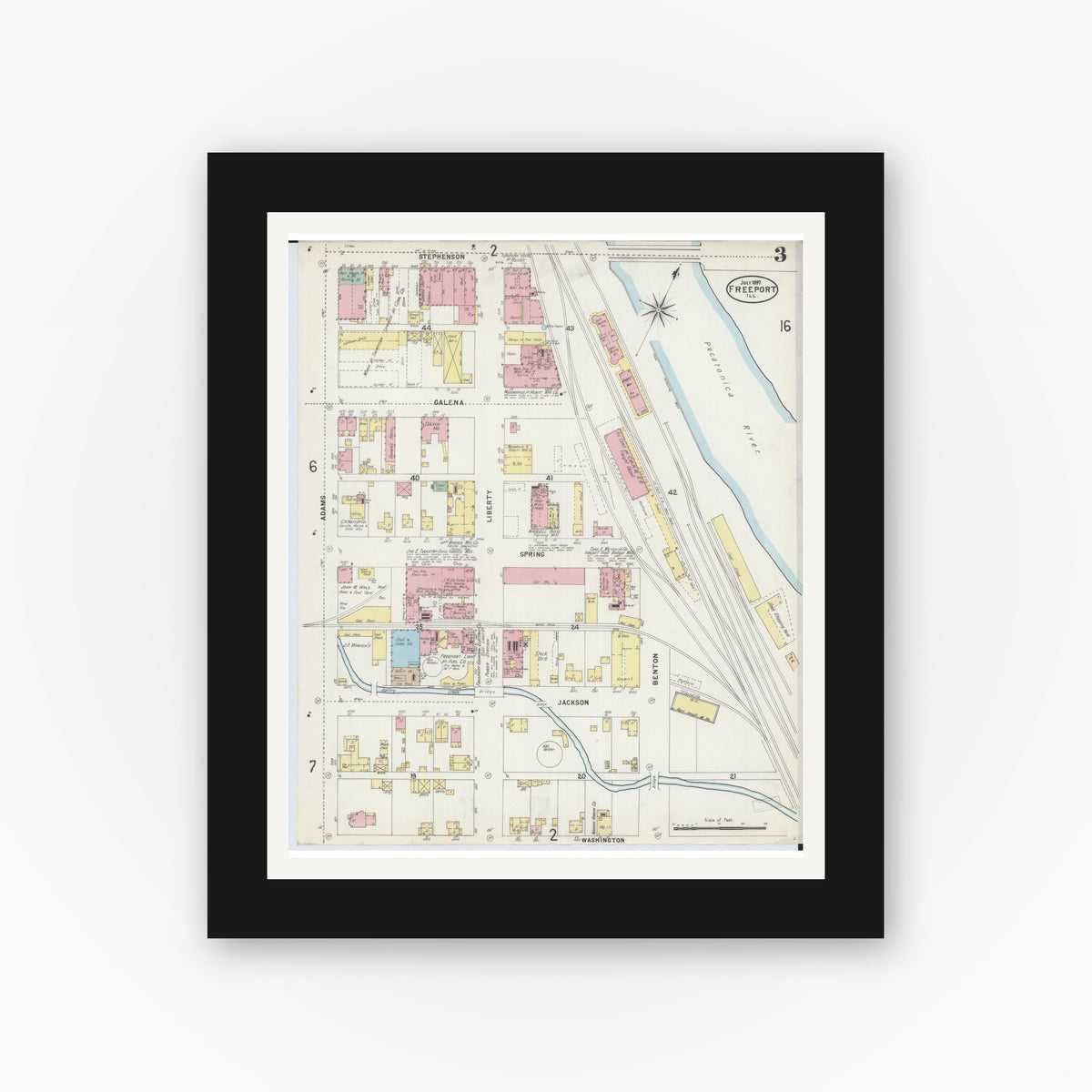 Old map wall art mockup — black gallery frame with white mat — Sanborn Fire Insurance Map from Freeport, Stephenson County, Illinois (1897), Sheet #0003