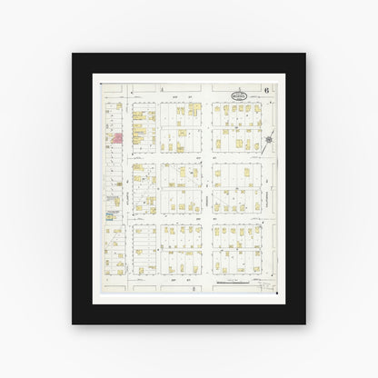 Old map wall art mockup — black gallery frame with white mat — Sanborn Fire Insurance Map from Morris, Stevens County, Minnesota (1915), Sheet #0006