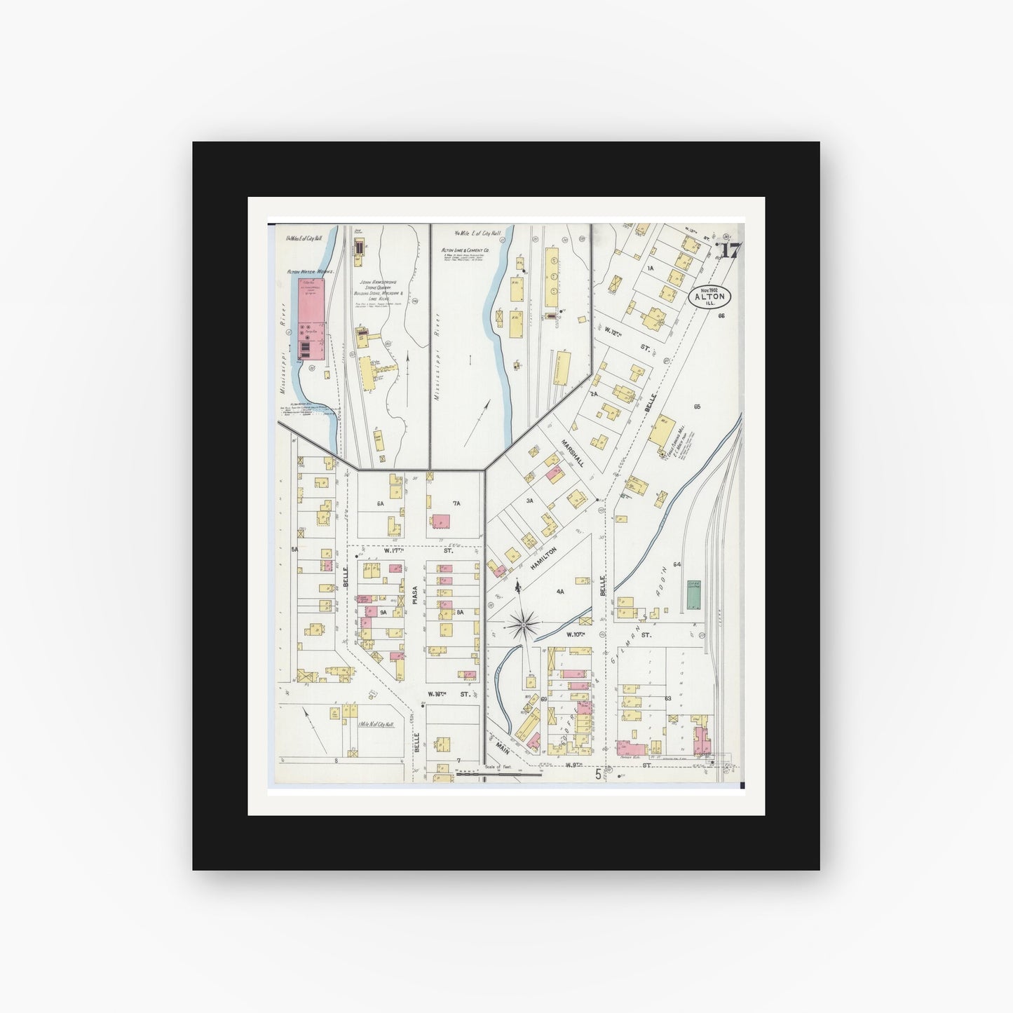 Old map wall art mockup — black gallery frame with white mat — Sanborn Fire Insurance Map from Alton, Madison County, Illinois (1902), Sheet #0017