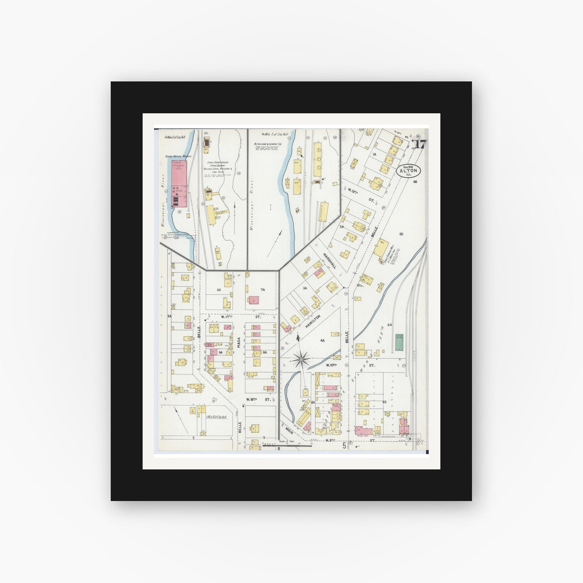 Old map wall art mockup — black gallery frame with white mat — Sanborn Fire Insurance Map from Alton, Madison County, Illinois (1902), Sheet #0017