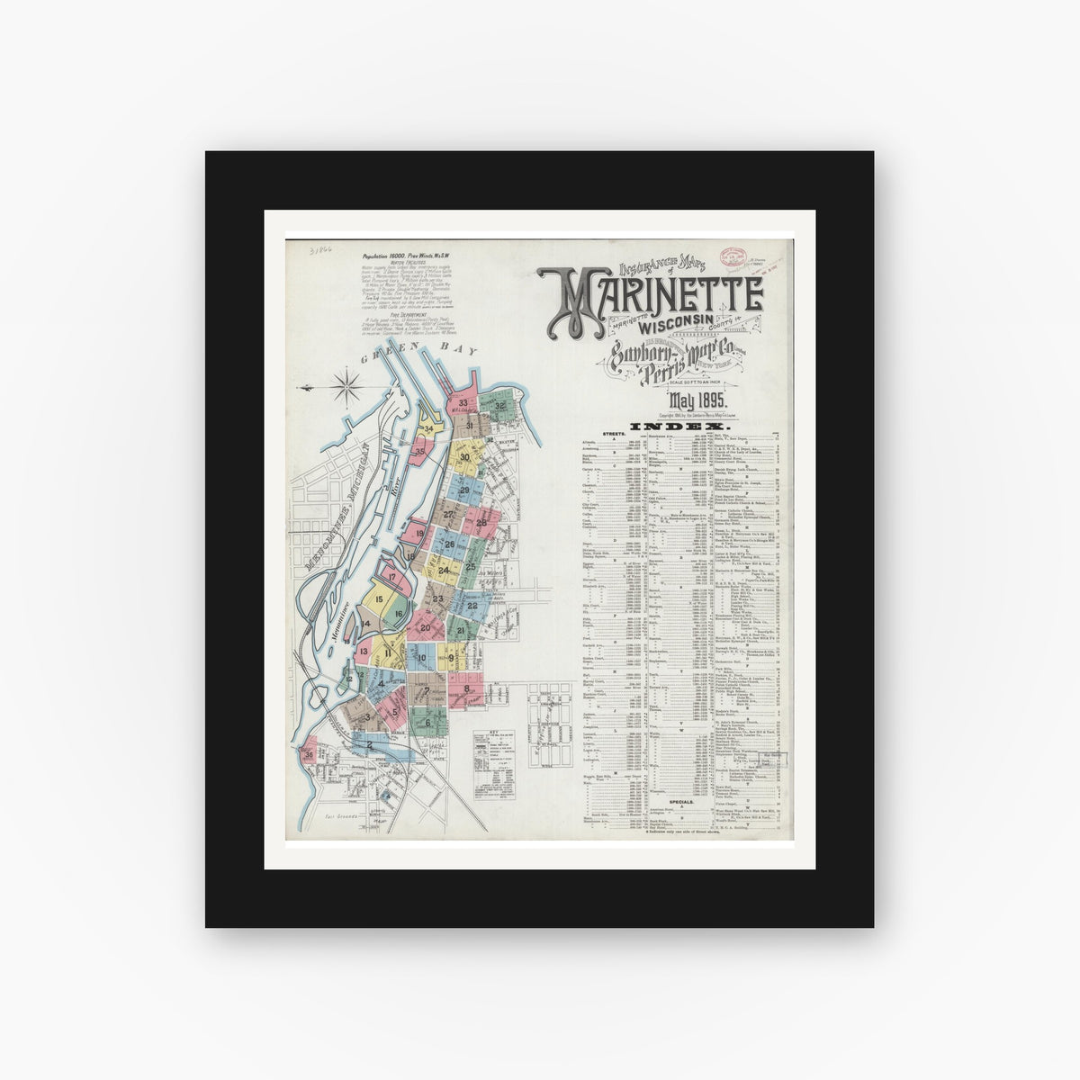 Old map wall art mockup — black gallery frame with white mat — Sanborn Fire Insurance Map from Marinette, Marinette County, Wisconsin (1895), Sheet #0001