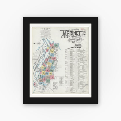 Old map wall art mockup — black gallery frame with white mat — Sanborn Fire Insurance Map from Marinette, Marinette County, Wisconsin (1895), Sheet #0001
