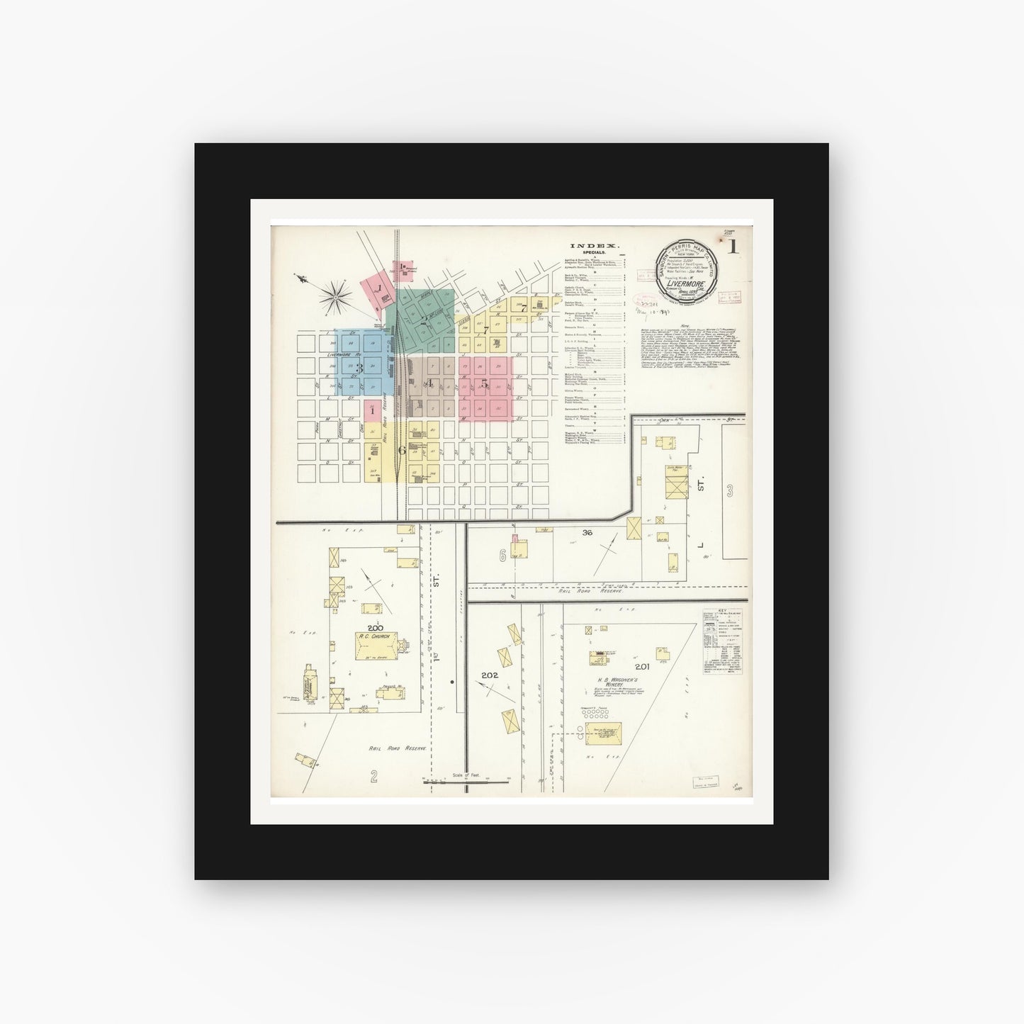 Old map wall art mockup — black gallery frame with white mat — Sanborn Fire Insurance Map from Livermore, Alameda County, California (1893) - Complete Map Set