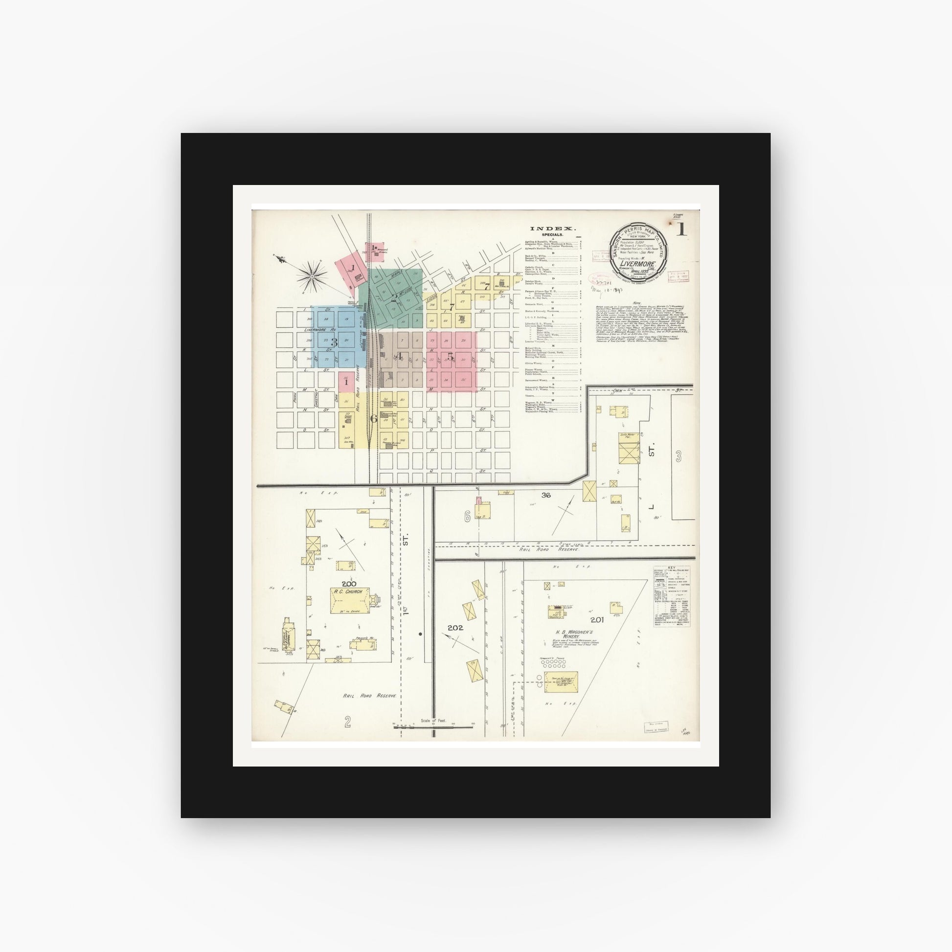 Old map wall art mockup — black gallery frame with white mat — Sanborn Fire Insurance Map from Livermore, Alameda County, California (1893) - Complete Map Set